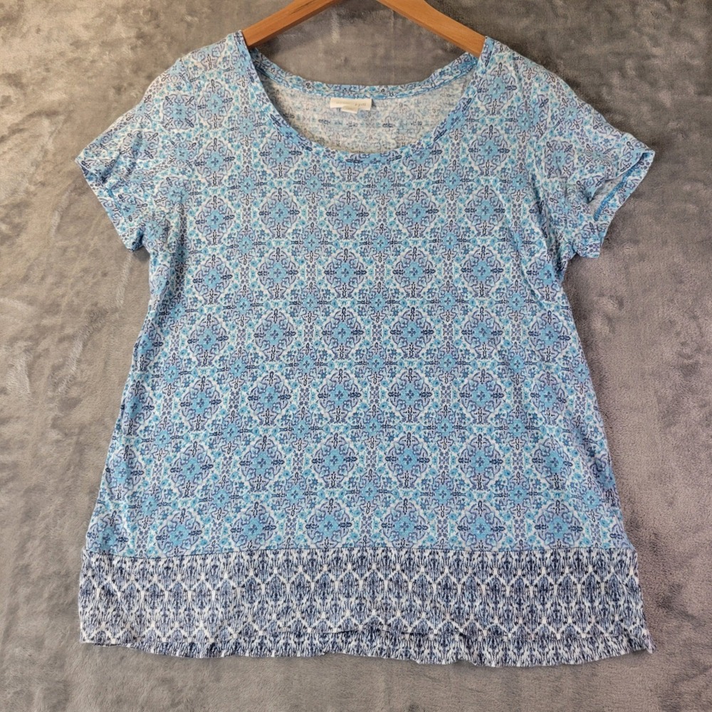 J. Jill Love Linen Blue White Tile Print‎ Short Sleeve Tee Coastal XS Petite